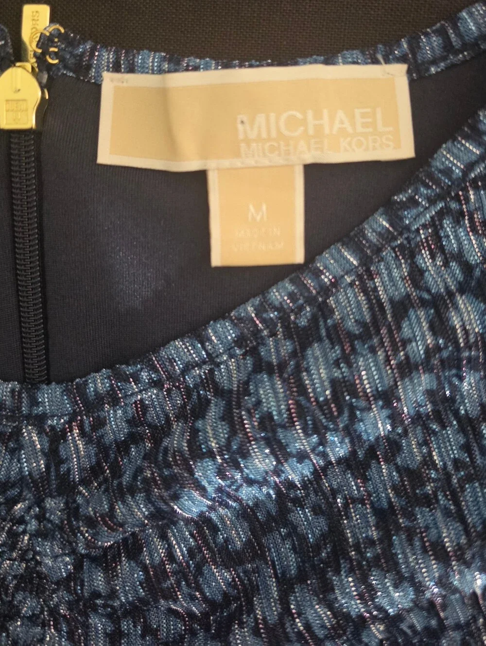 Michael Kors Blue Patterned Long-Sleeve Ruched Top